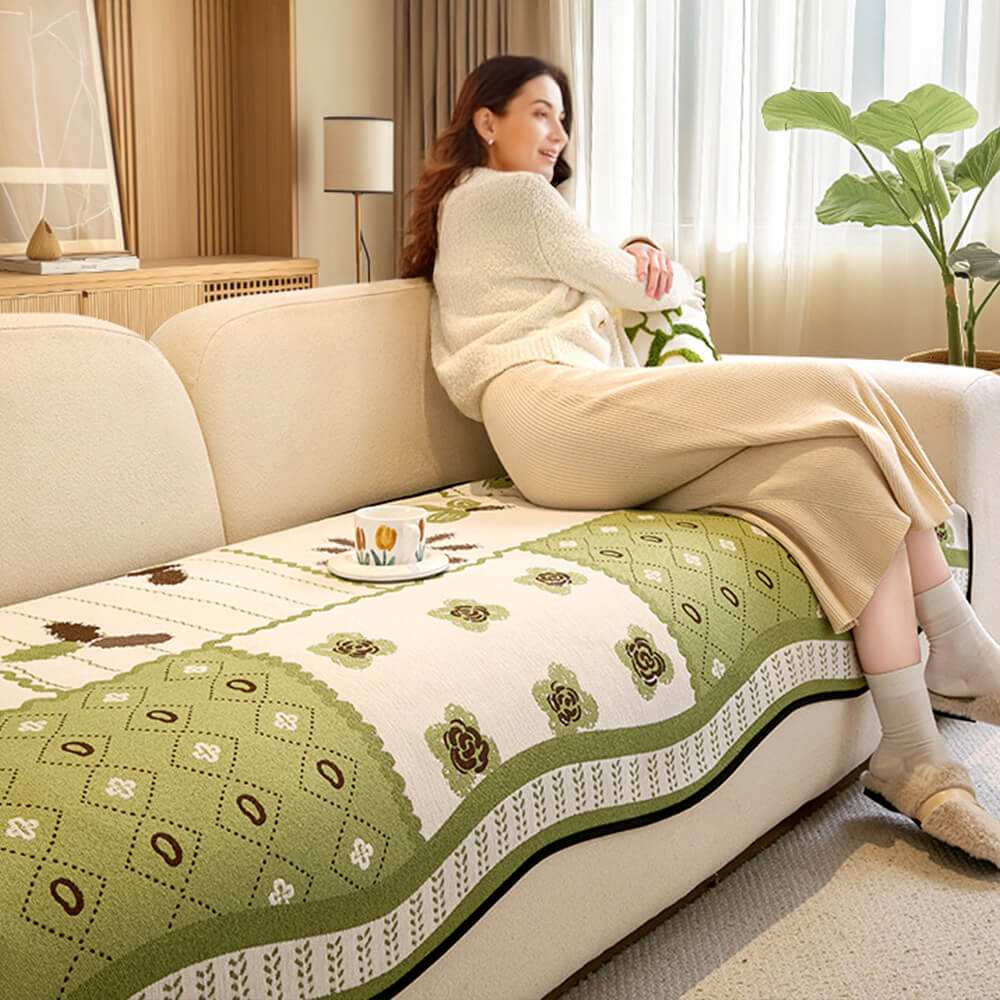 Chenille Scratch-resistant Fabric Pastoral Style Irregular Shaped Non-slip Sofa Cover