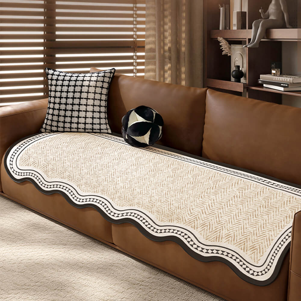 Durable Herringbone Pattern Anti-Slip Sofa Cover with Wavy Trim – Pet Scratch Resistant