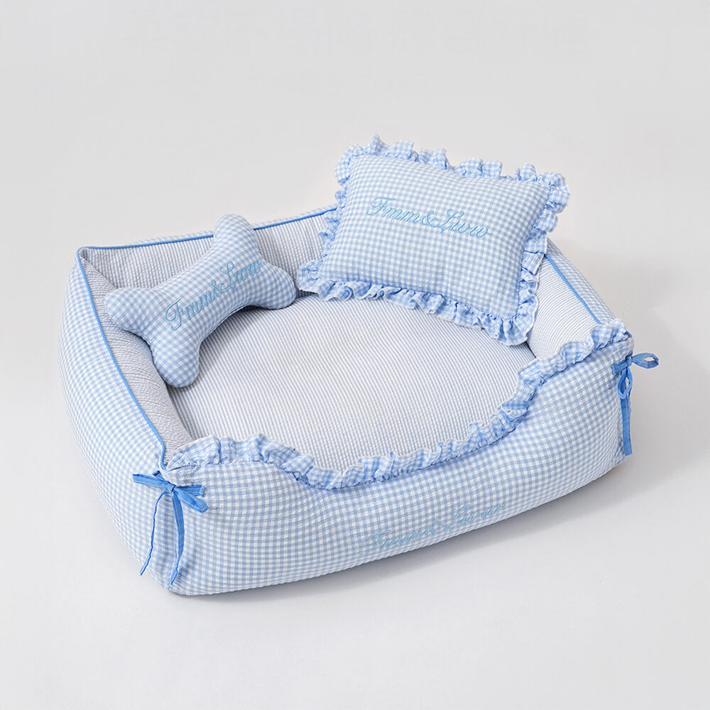 Soft Gingham Washable Dog & Cat Sofa Bed with Pillows