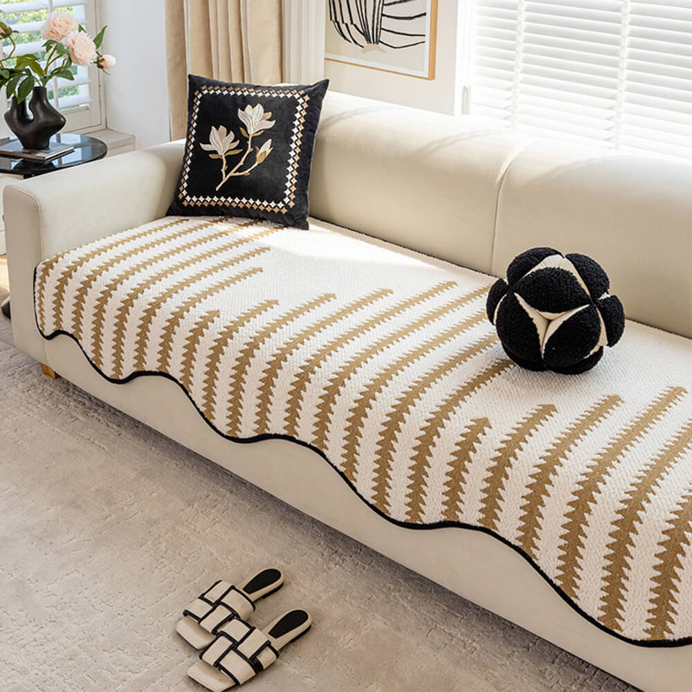 Modern Chevron Stripes Chenille Sofa Cover with Wavy Edges