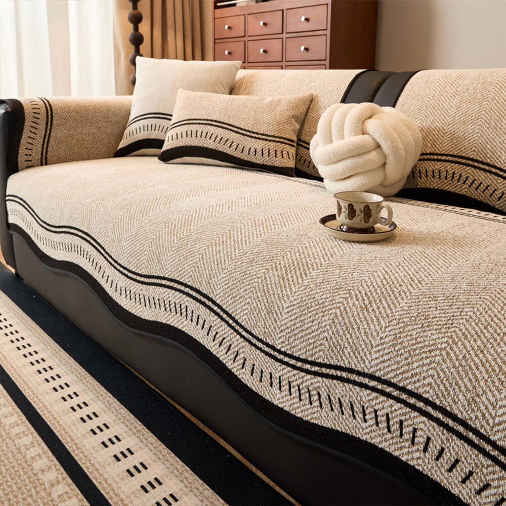 Non-Slip Herringbone Chenille Sofa Cover with Wavy Edges