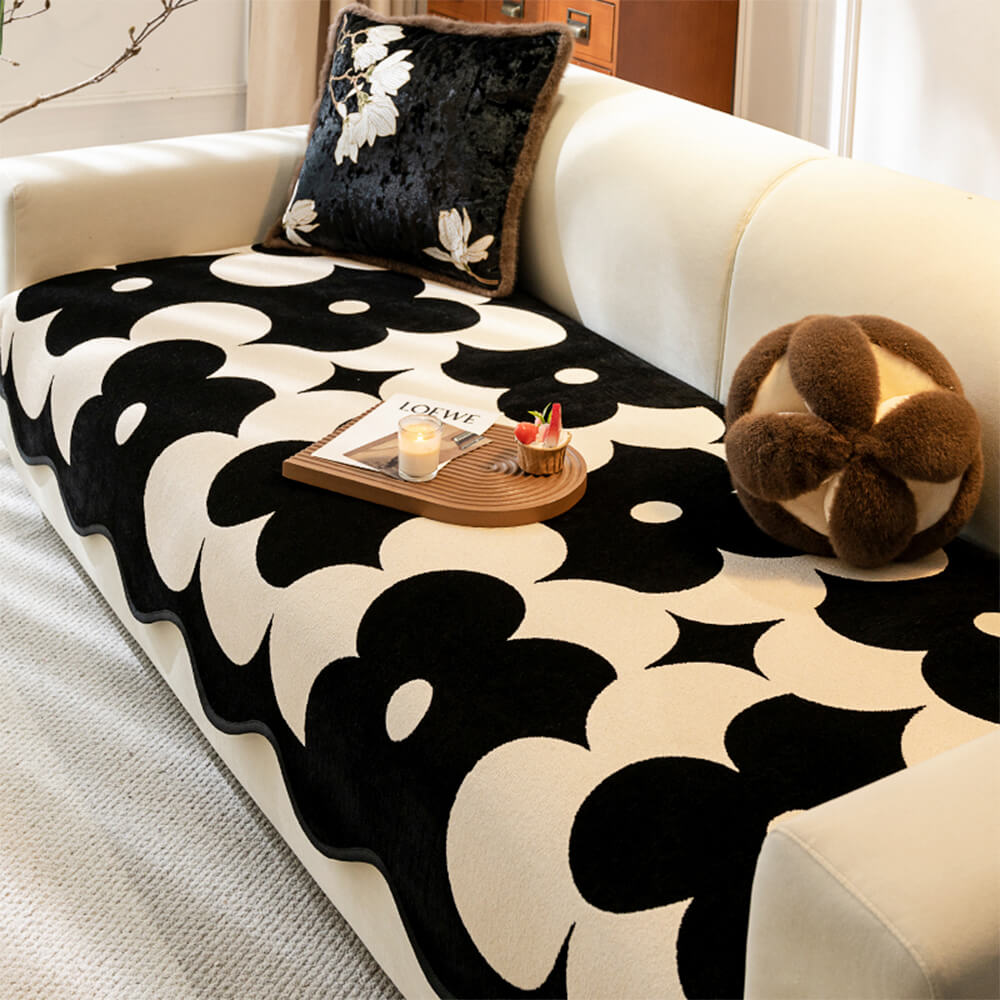 Elegant Floral Chenille Sofa Cover with Wavy Border