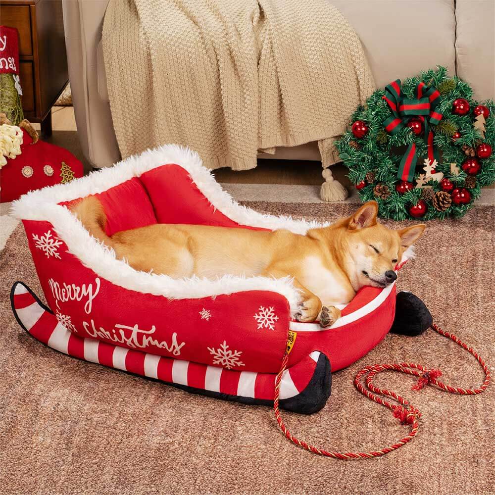 Festive Plush Cosy Dog Bed - Christmas Sleigh