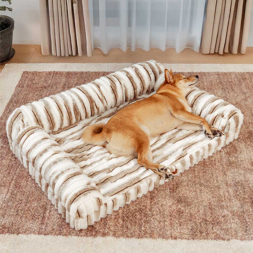 Fluffy Striped Orthopaedic Bolster Dog Bed - Luxe Comfort
