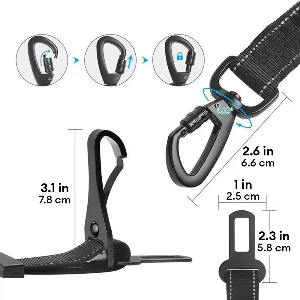 3 in 1 Dog Car Seat Belt Bungee With 360° Lockable Buckle & Hook Latch