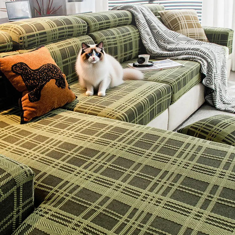Checkered Stretch Universal Fully Fitted Anti-Cat Scratch Sofa Cover - Suitable for All Seasons