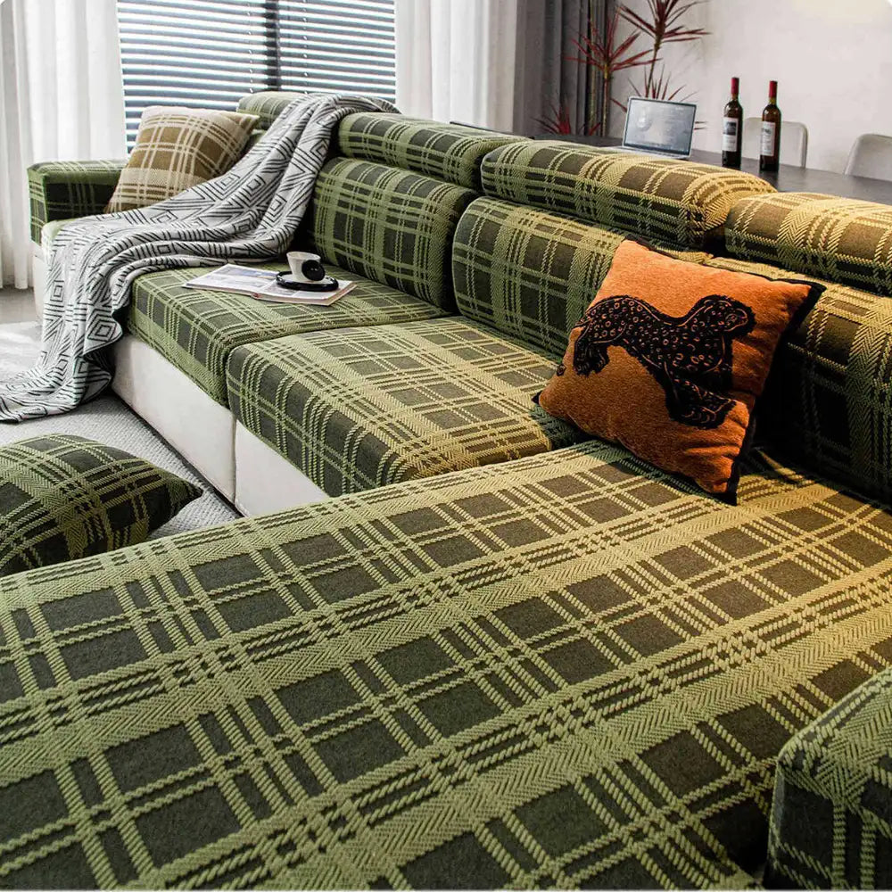 Checkered Stretch Universal Fully Fitted Anti-Cat Scratch Sofa Cover - Suitable for All Seasons