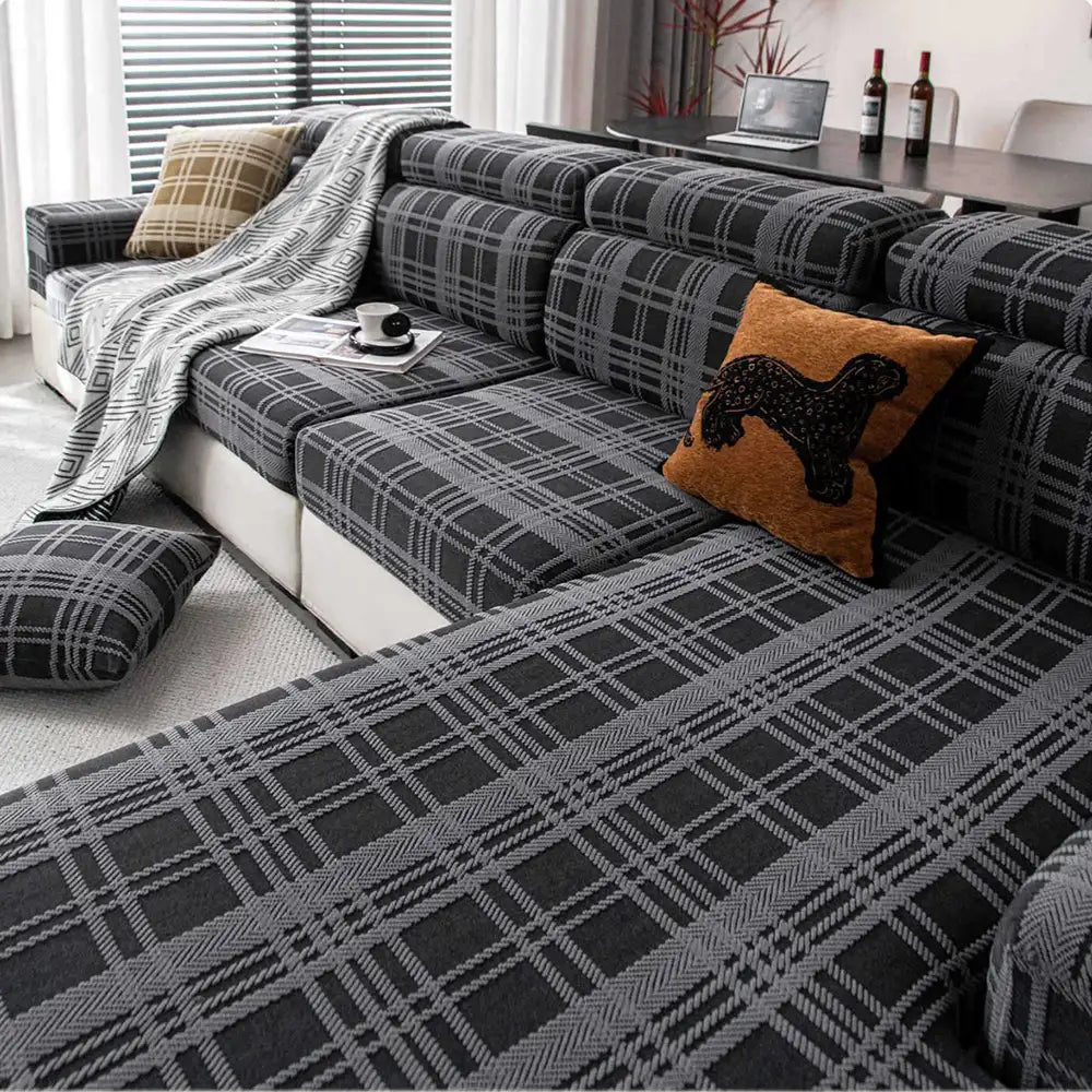 Checkered Stretch Universal Fully Fitted Anti-Cat Scratch Sofa Cover - Suitable for All Seasons