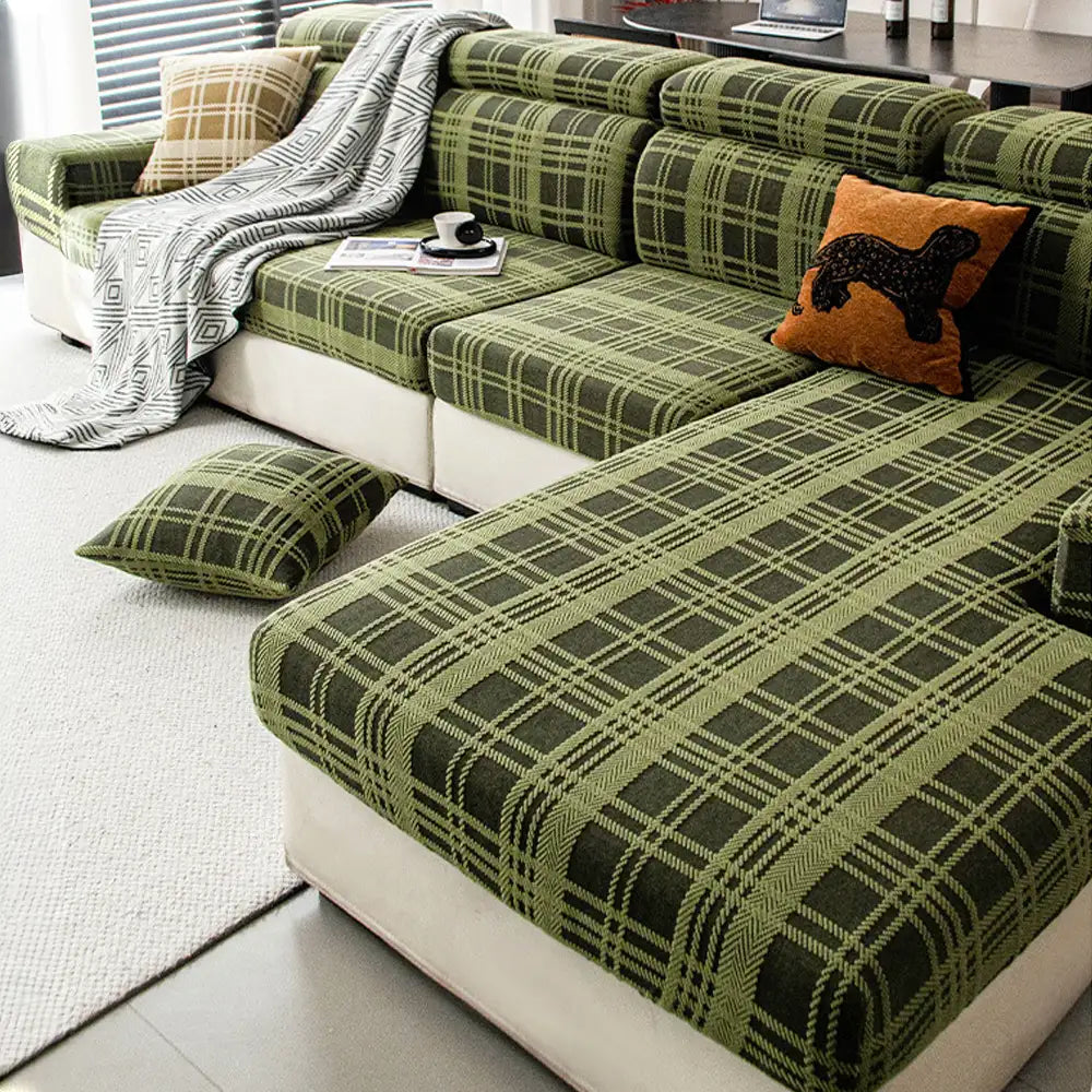 Checkered Stretch Universal Fully Fitted Anti-Cat Scratch Sofa Cover - Suitable for All Seasons