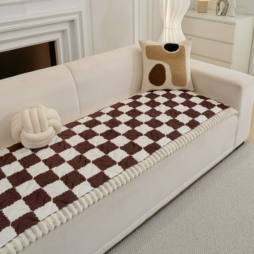 Chequered Velvet Sofa Pad Anti-Slip Quilted Sofa Cover