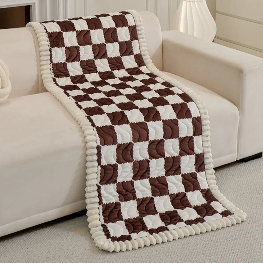 Chequered Velvet Sofa Pad Anti-Slip Quilted Sofa Cover