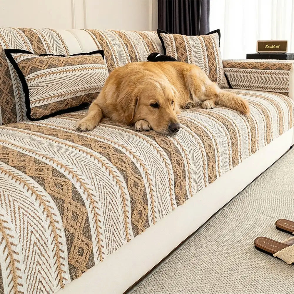 Color-Blocked Striped Chenille Non-Slip Sofa Cover - Suitable For All Seasons