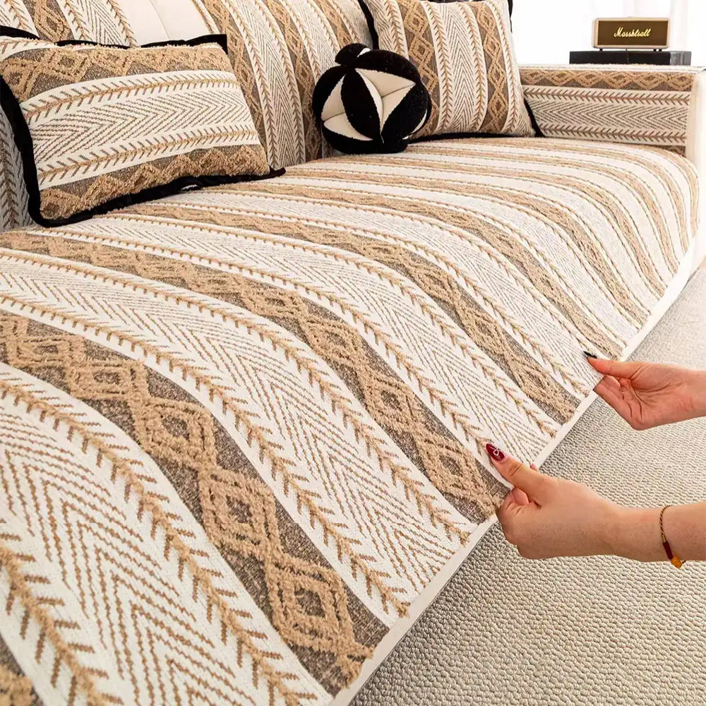 Color-Blocked Striped Chenille Non-Slip Sofa Cover - Suitable For All Seasons