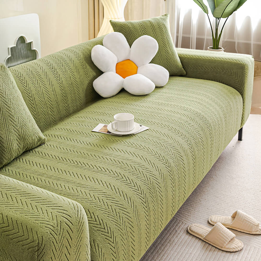 Elegant Herringbone Cream Aesthetic Stretch Magic Sofa Cover