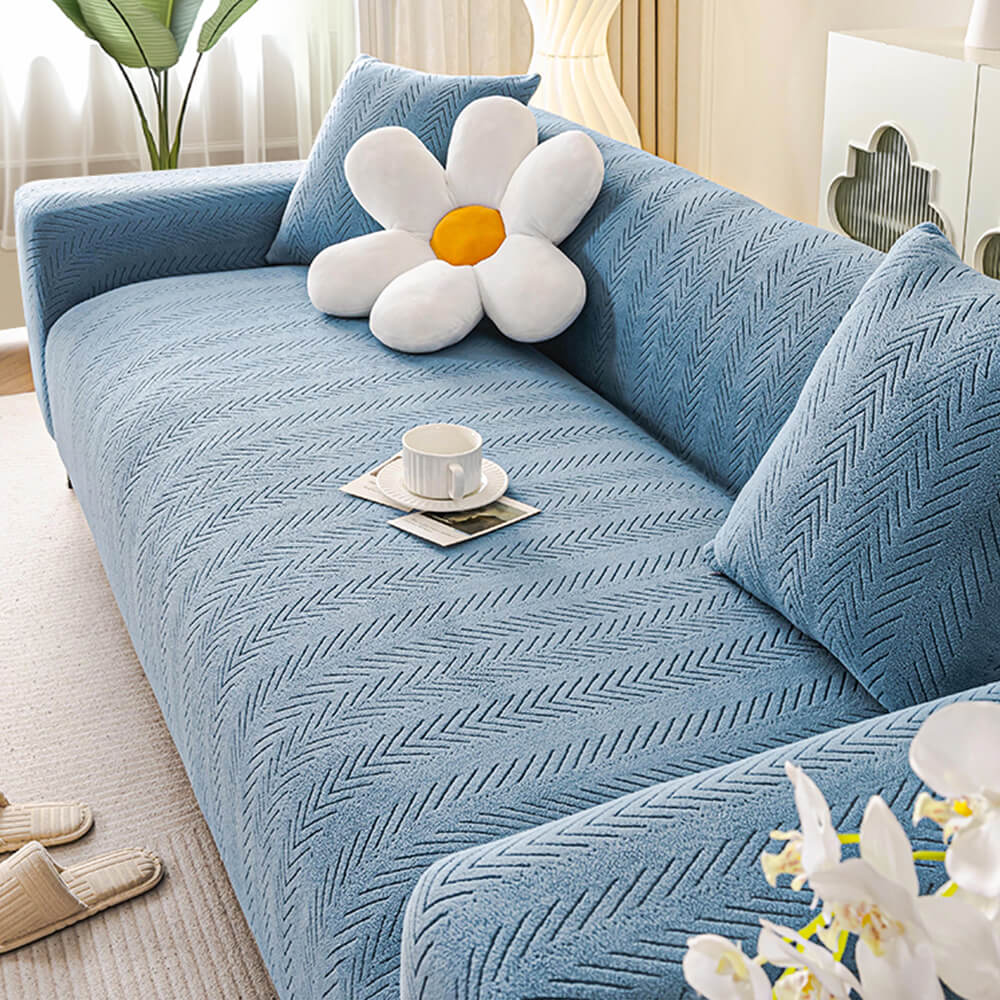 Elegant Herringbone Cream Aesthetic Stretch Magic Sofa Cover