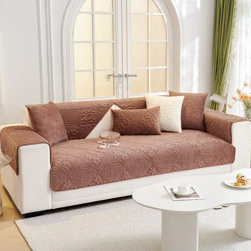 Embossed Geometric Pattern Soft Plush Quilted Non-Slip Sofa Cover