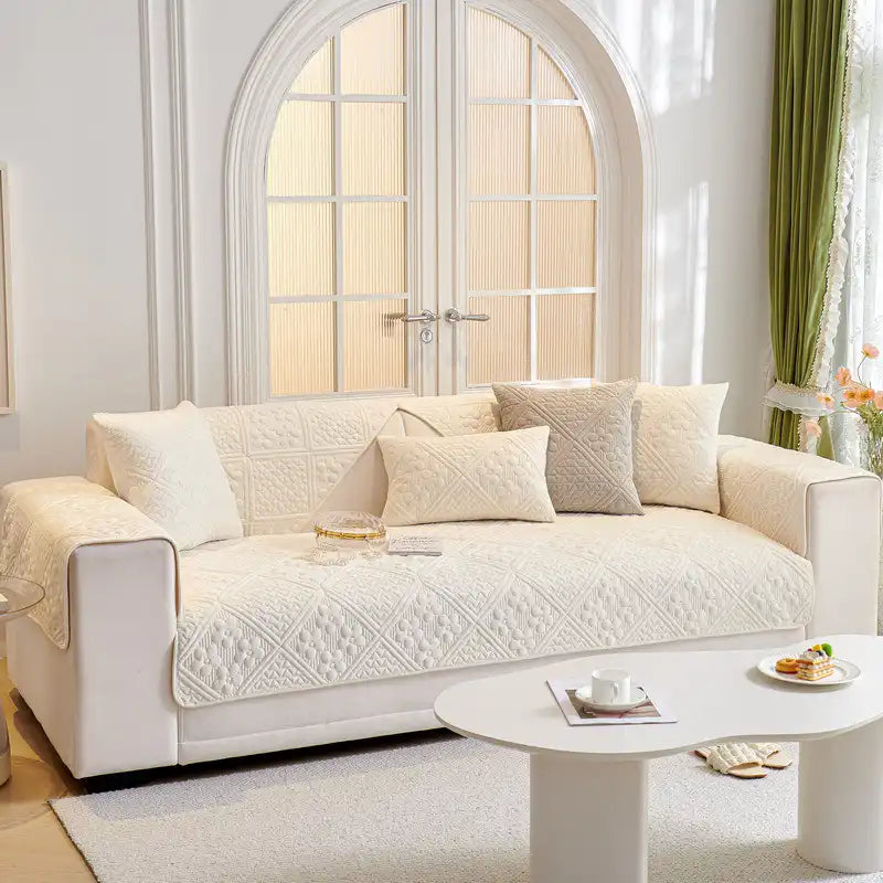 Embossed Geometric Pattern Soft Plush Quilted Non-Slip Sofa Cover