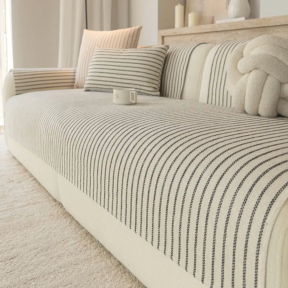Faux Cotton-Linen Chenille Striped Breathable Scratch-Resistant Sofa Cover