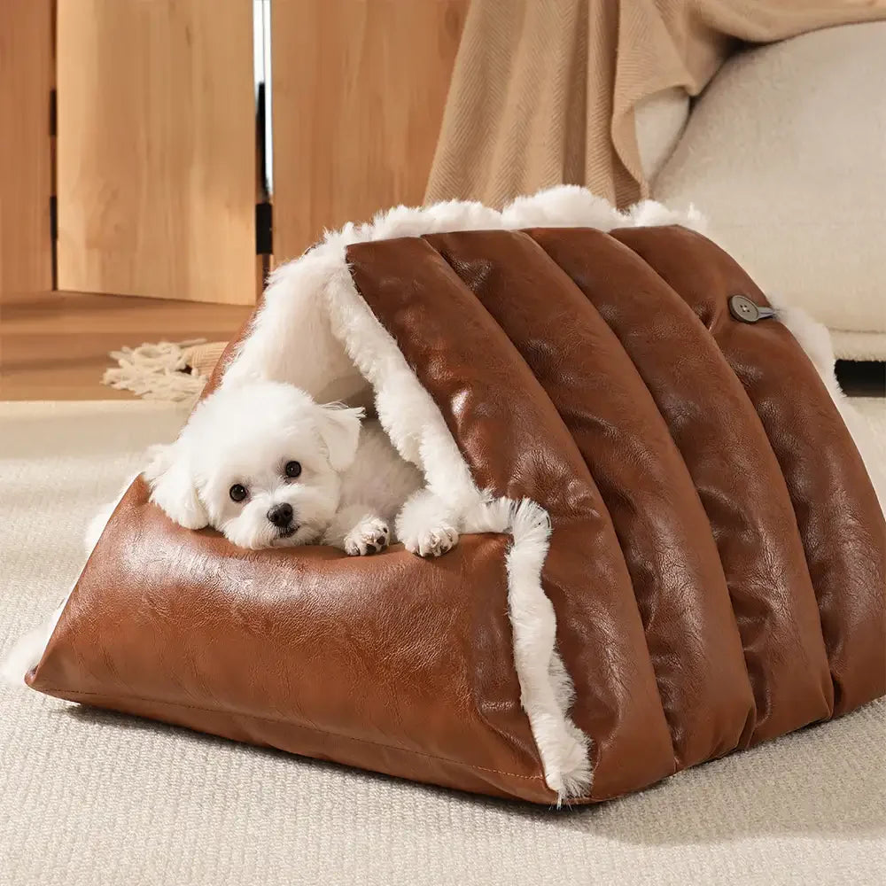 Faux Leather Vintage Multi-function Plush Dog Bed Convertible Dog Car Seat