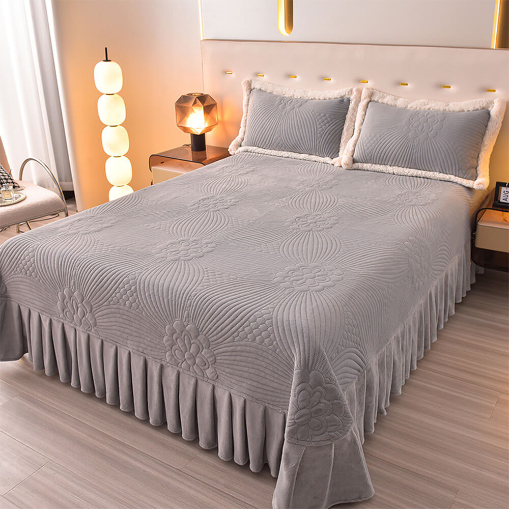 Floral Quilted Cosy Thickened Milk Fleece Bed Skirt Set