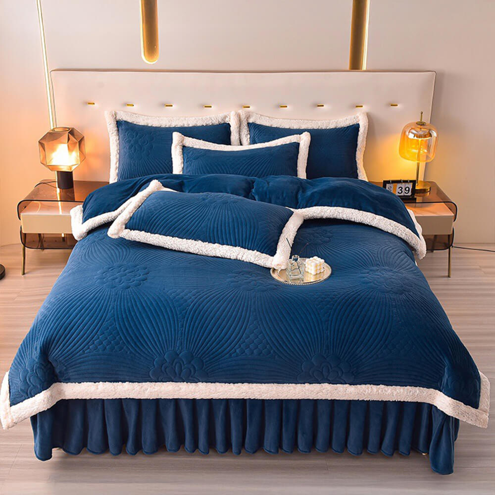 Floral Quilted Cosy Thickened Milk Fleece Bed Skirt Set