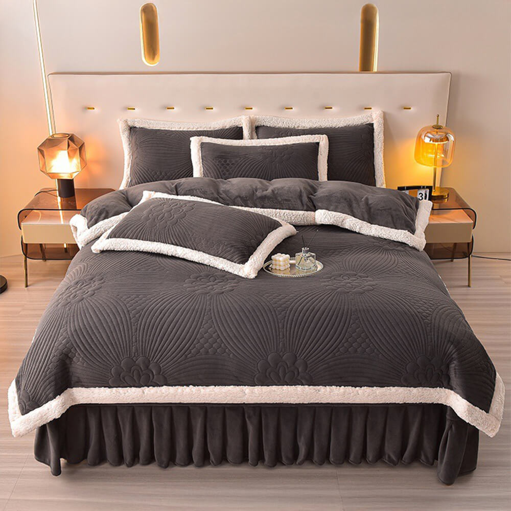 Floral Quilted Cosy Thickened Milk Fleece Bed Skirt Set
