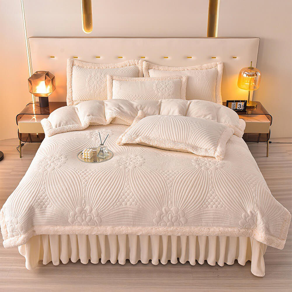Floral Quilted Cosy Thickened Milk Fleece Bed Skirt Set