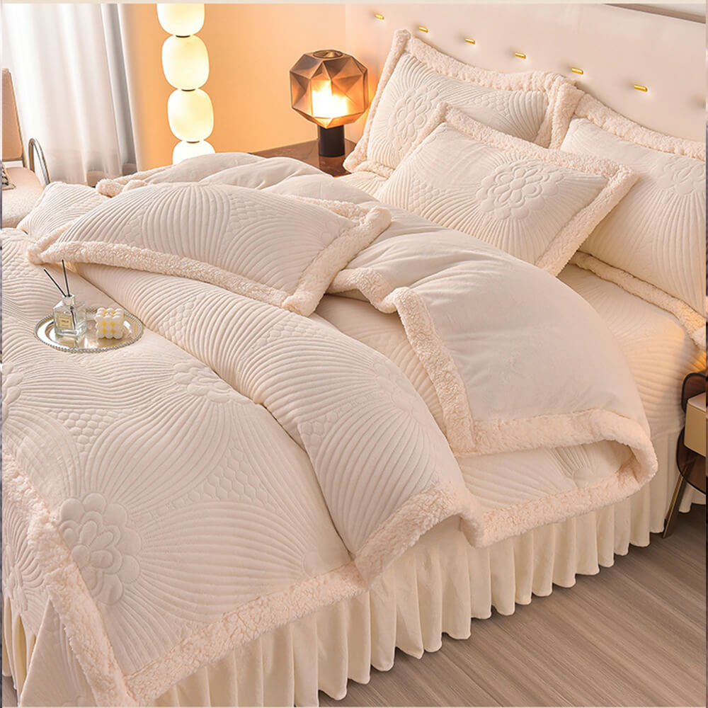 Floral Quilted Cosy Thickened Milk Fleece Bed Skirt Set