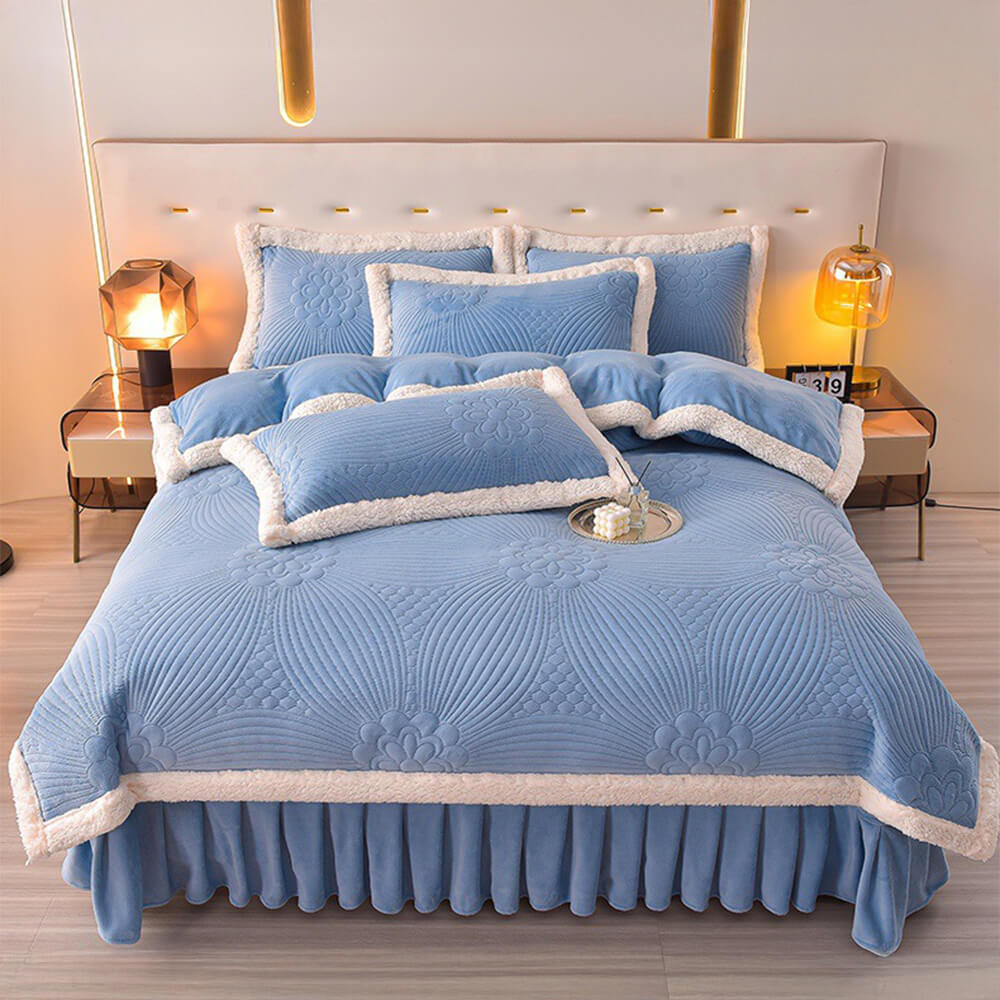 Floral Quilted Cosy Thickened Milk Fleece Bed Skirt Set