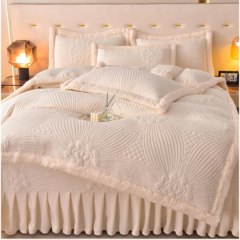 Floral Quilted Cosy Thickened Milk Fleece Bed Skirt Set