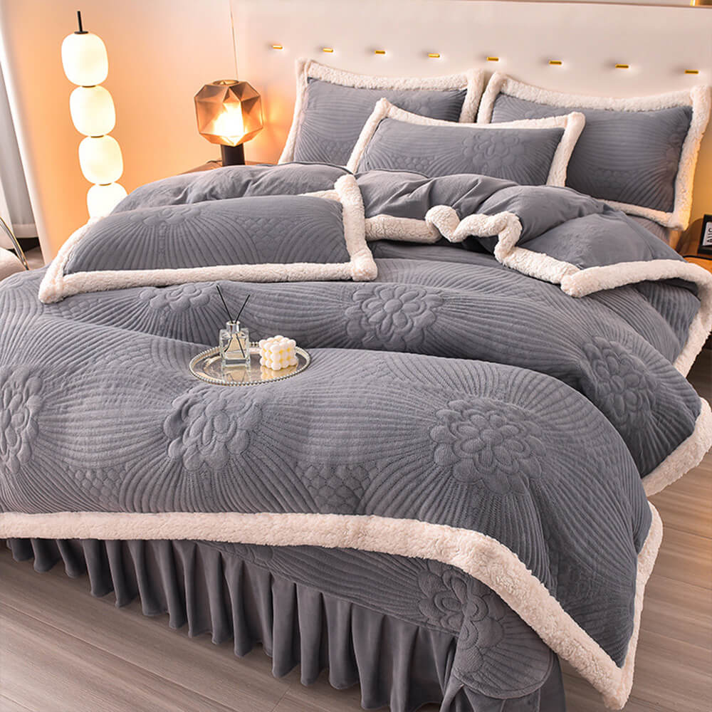 Floral Quilted Cosy Thickened Milk Fleece Bed Skirt Set