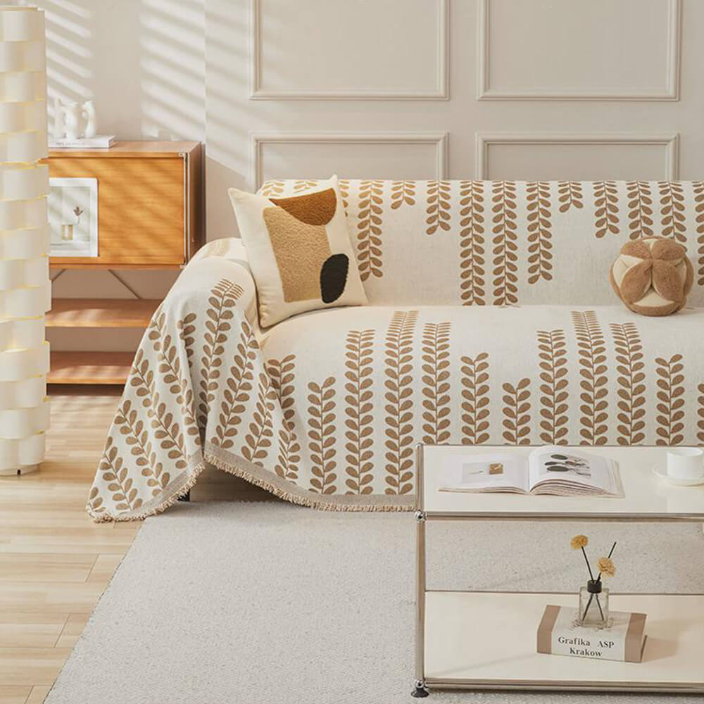 Leaf Stripe Chenille Fabric Fringe Decoration Sofa Cover