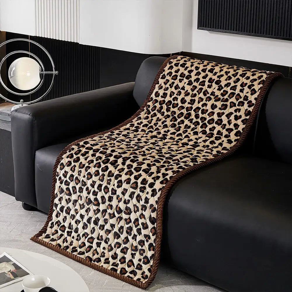 Leopard Print Plush Quilted Sofa Cover