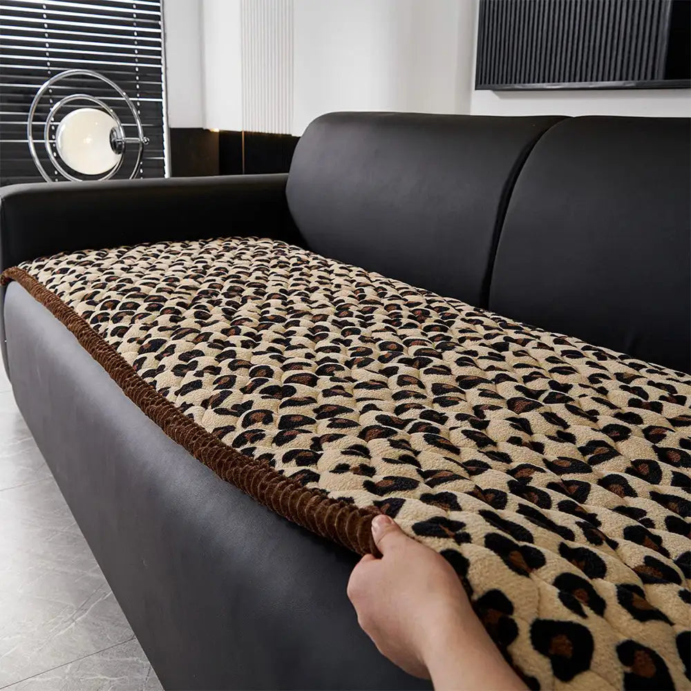 Leopard Print Plush Quilted Sofa Cover