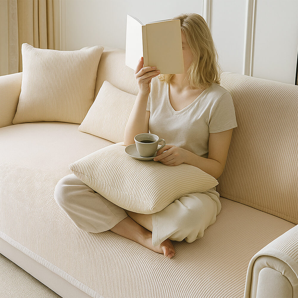 Modern Cream Vertical Stripes Fleece Sofa Cover for All Seasons