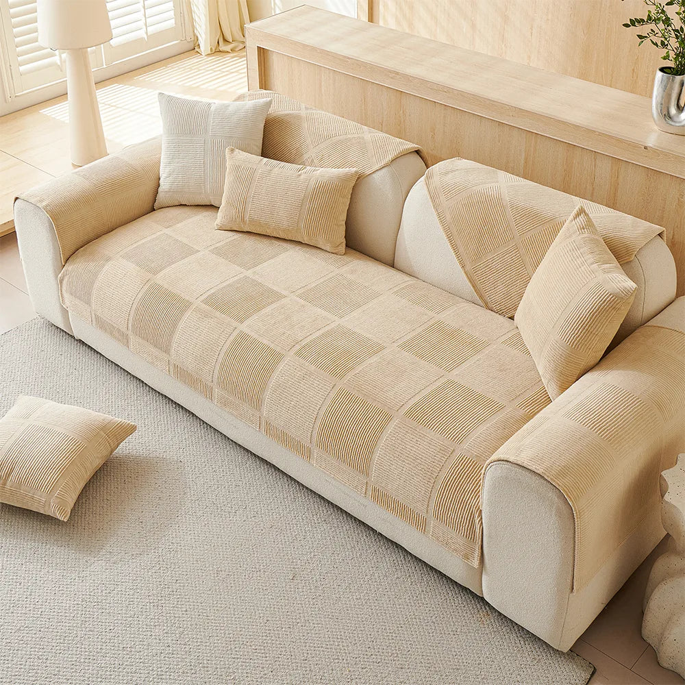 Plush Cream Geometric All Seasons Non-Slip Sofa Cover