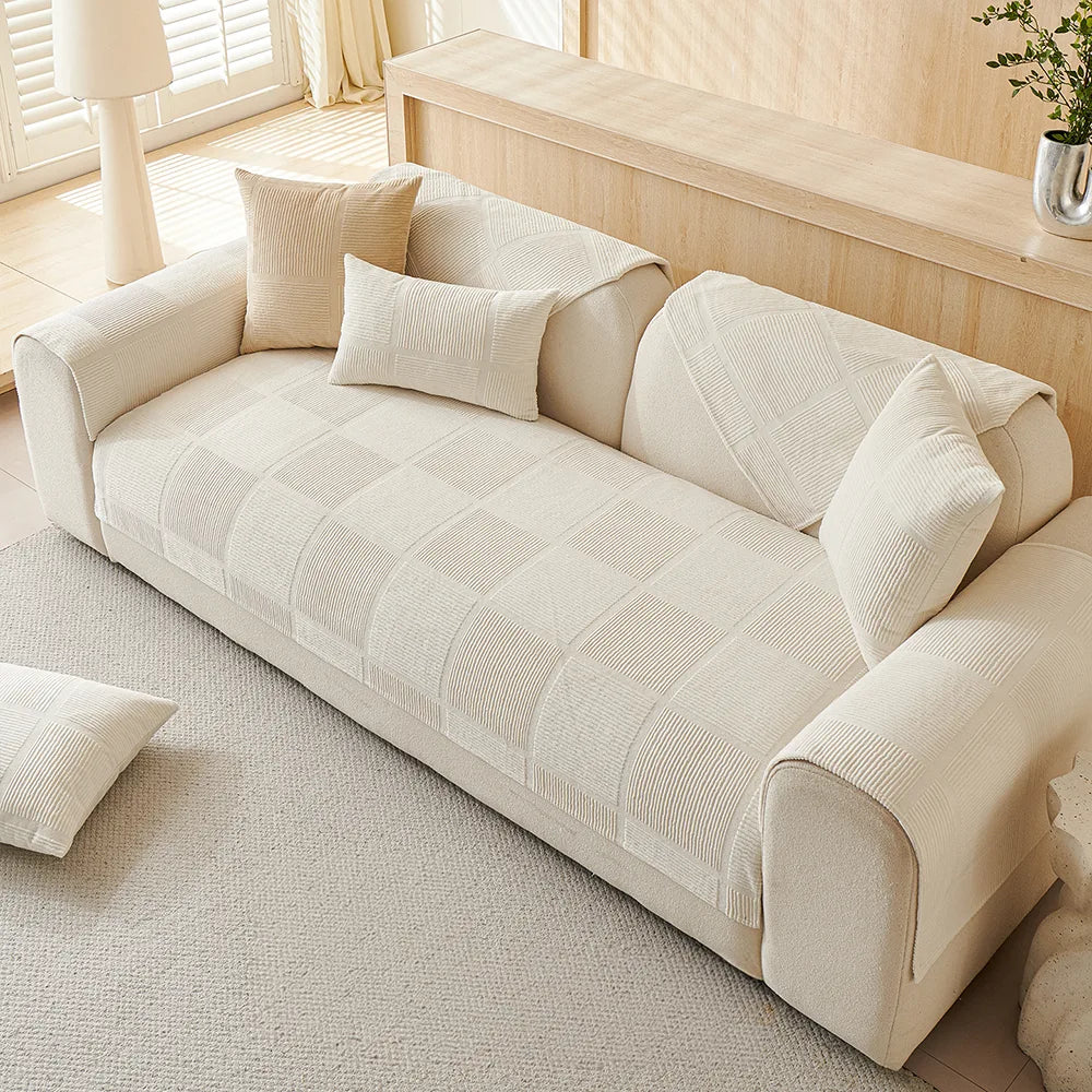 Plush Cream Geometric All Seasons Non-Slip Sofa Cover