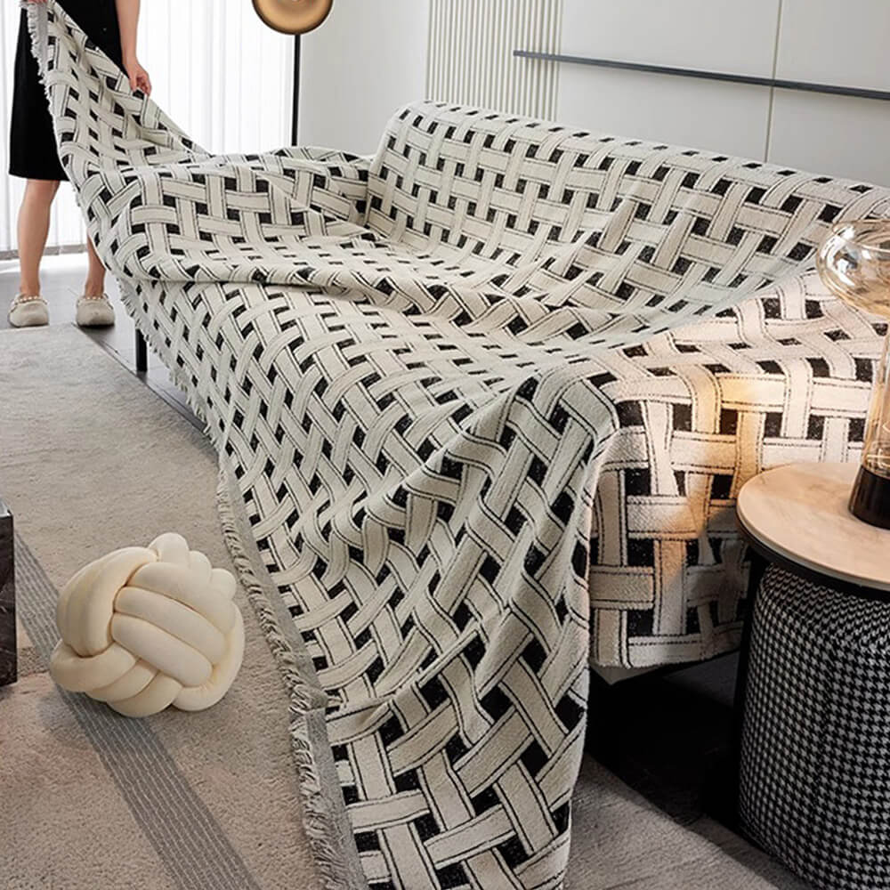 Stylish Chequered Fringed Tassel Chenille Sofa Protector Throw Sofa Cover