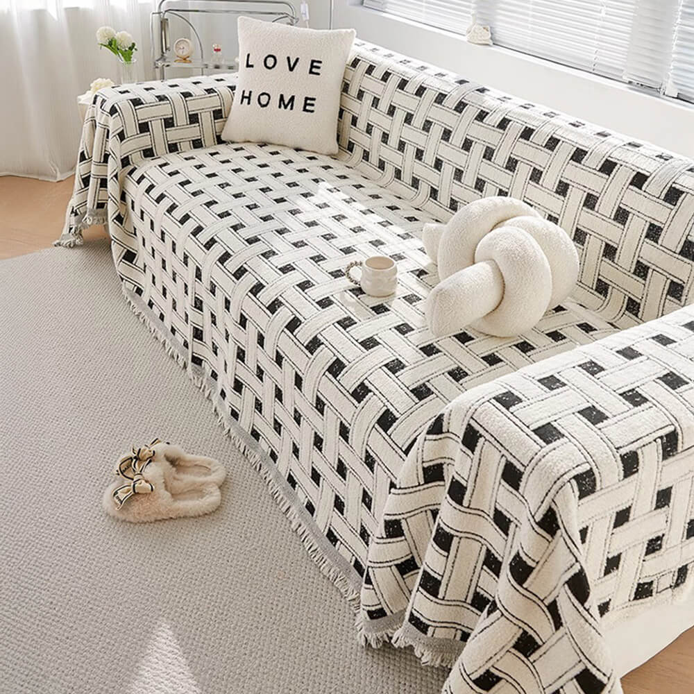 Stylish Chequered Fringed Tassel Chenille Sofa Protector Throw Sofa Cover