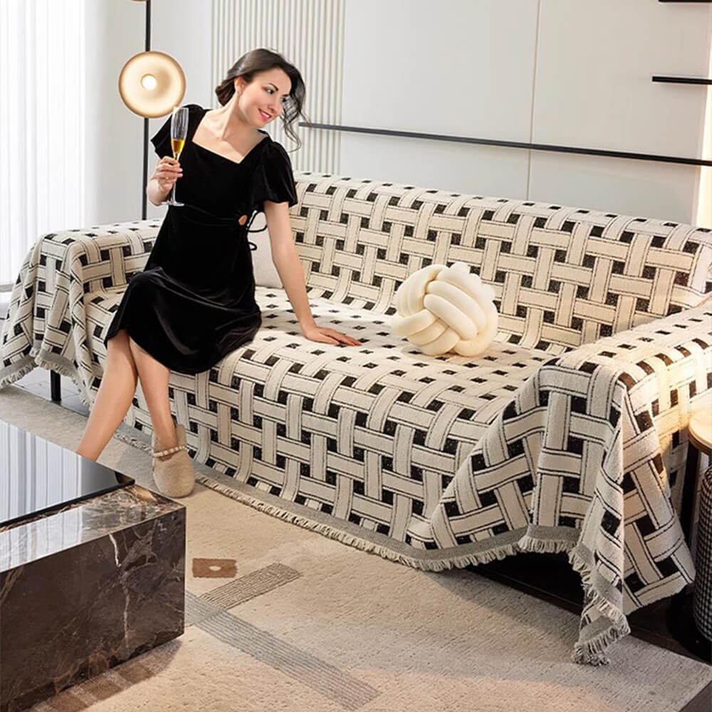 Stylish Chequered Fringed Tassel Chenille Sofa Protector Throw Sofa Cover