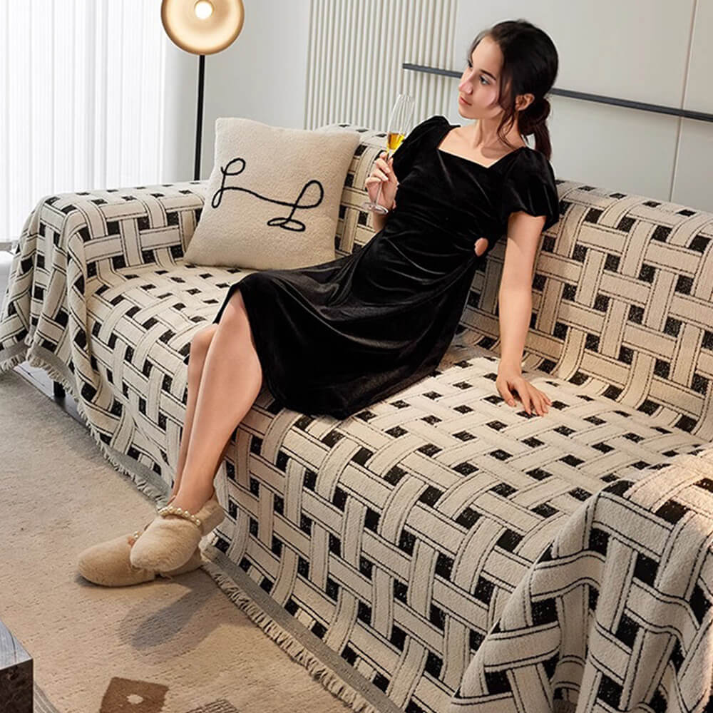 Stylish Chequered Fringed Tassel Chenille Sofa Protector Throw Sofa Cover