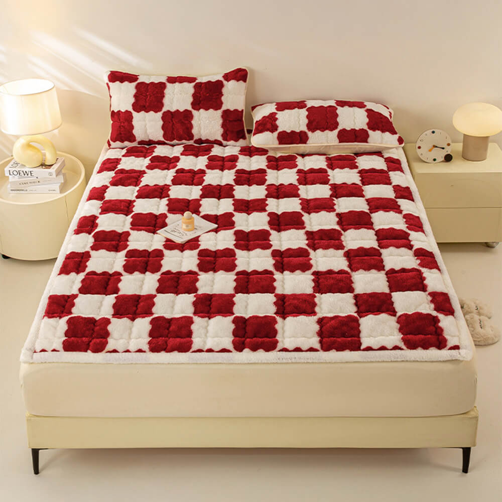 Warm Chequerboard Plush Mattress Topper and Pillowcase