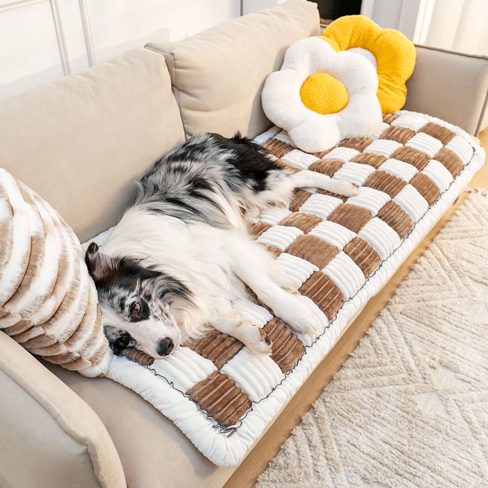 Cream-colored Large Plaid Square Fuzzy Pet Dog Mat Bed Corner Couch Cover