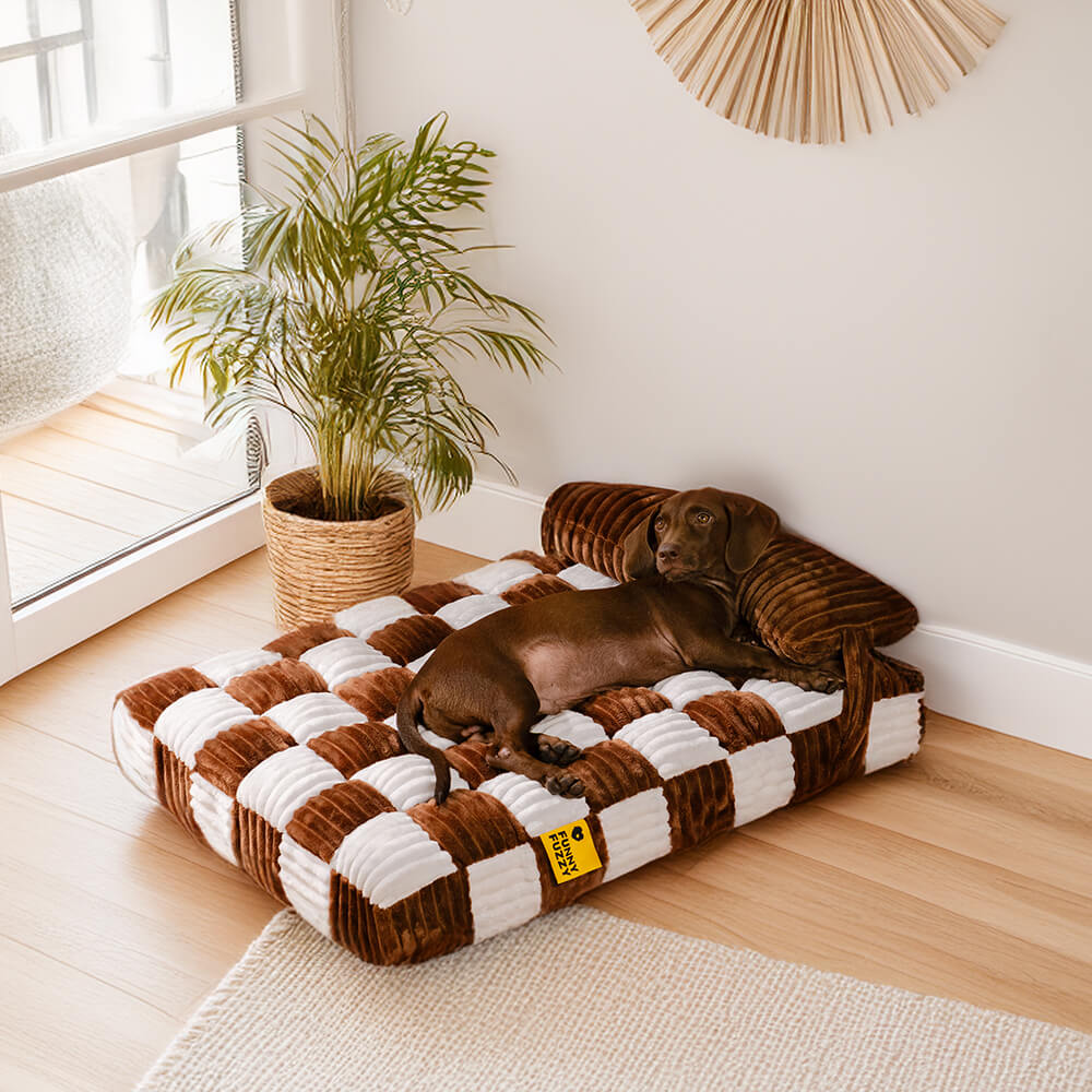 Handmade Plush Chequerboard Orthopaedic Support Dog Bed with Pillow