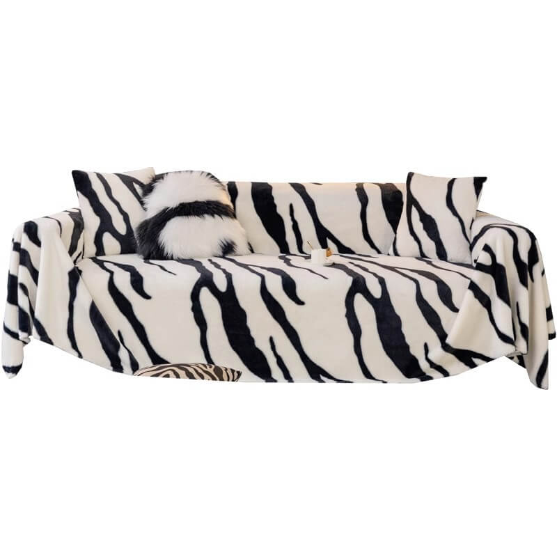 Luxurious Zebra-Print Fluffy Plush Sofa Protector Stylish Sofa Cover