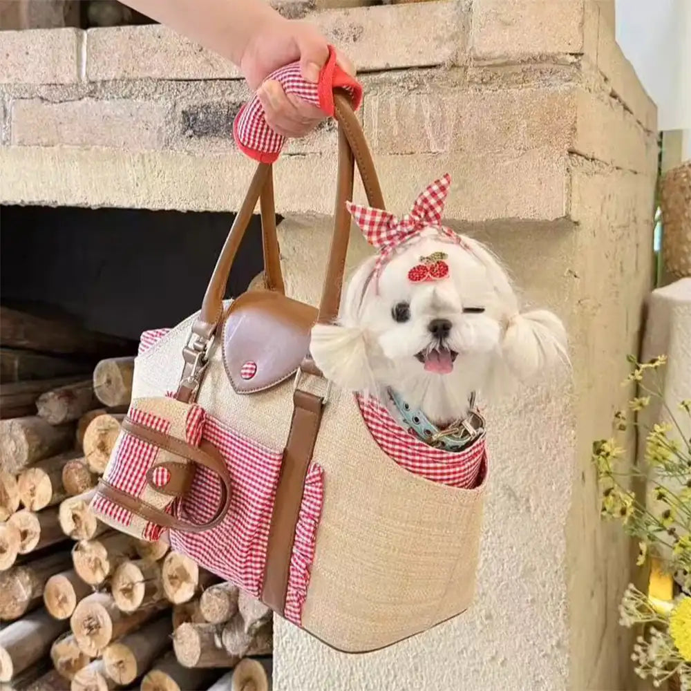 Portable Faux Woven Water-Repellent Pet Carrier Bag with Poop Bag Dispenser