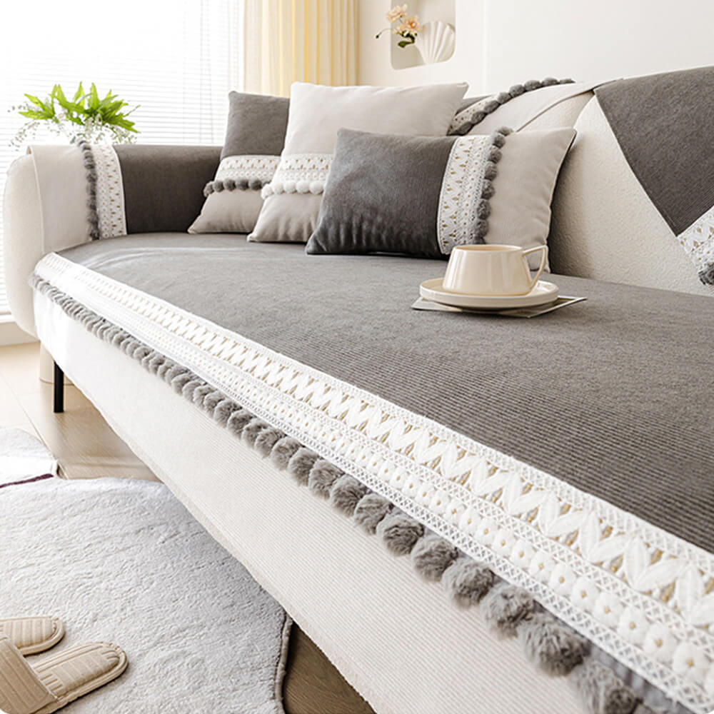 All-Season Waterproof Anti-Scratch Soft Corduroy Sofa Cover with Pom-poms