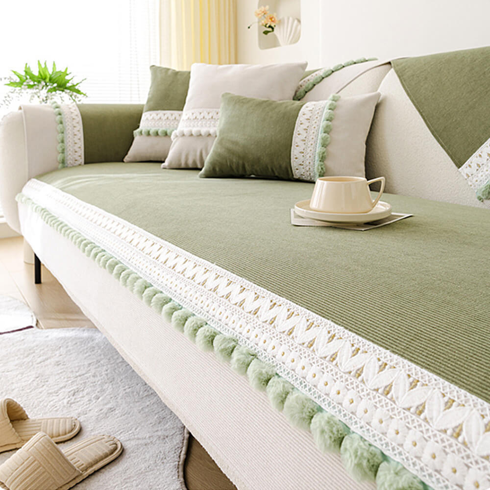 All-Season Waterproof Anti-Scratch Soft Corduroy Sofa Cover with Pom-poms