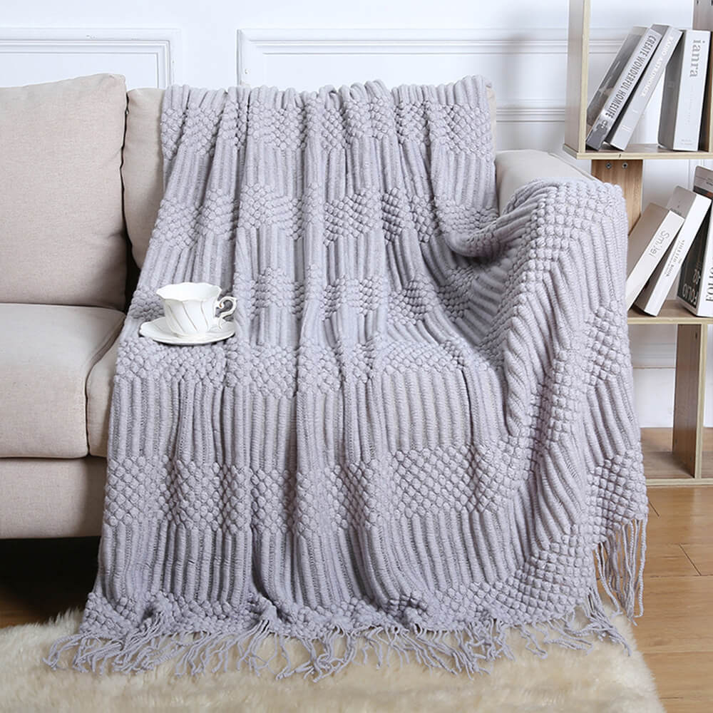 Luxuriously Soft Cosy Knitted Fleece Fringed Edges Throw Blanket