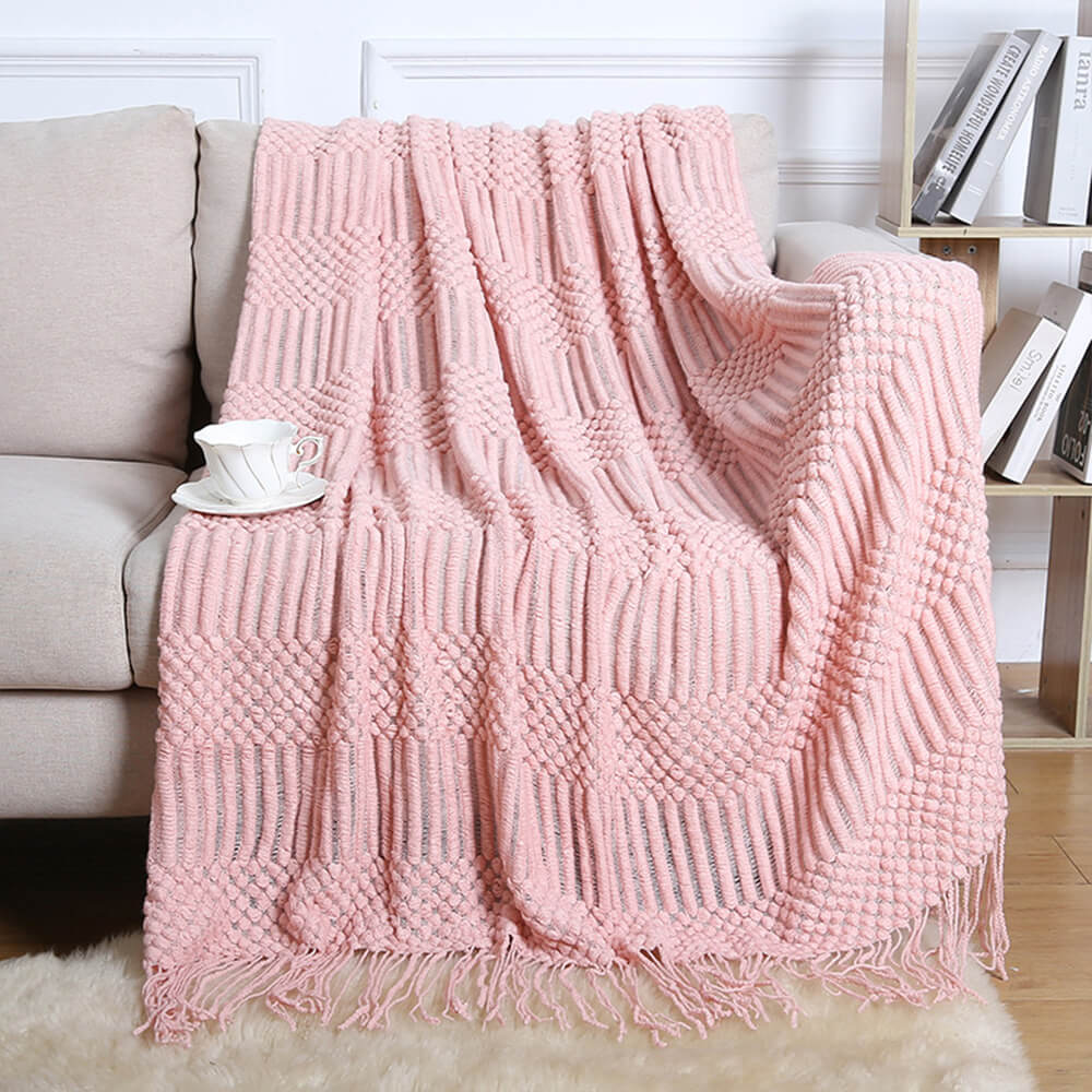 Luxuriously Soft Cosy Knitted Fleece Fringed Edges Throw Blanket